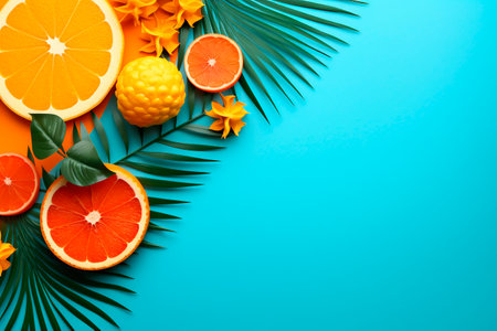 Summer background with orange and tropical leaves and flowers on blue background. Generative aiの素材