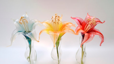Blue, yellow fnd red lilies in glasses vase on a white background. Generative aiの素材