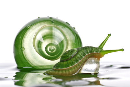 Green Snail walking on water. Cosmetics and body care concept. Generative aiの素材