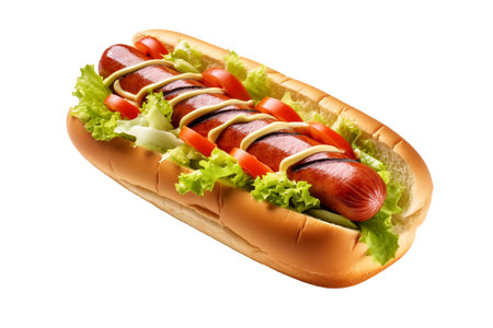 Delicious hot dog with fresh tomatoes and lettuce. generative aiの素材