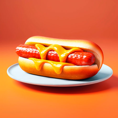 Delicious hot dog with mustard on white plateの素材