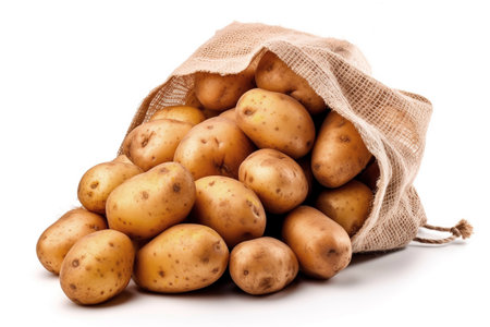 Raw potatoes in burlap sack isolated on white backgroundの写真素材