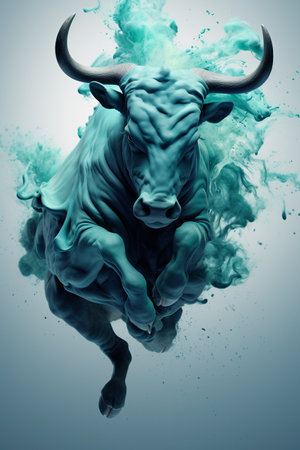 Bull in dynamic movements in blue smoke. Generative aiの素材