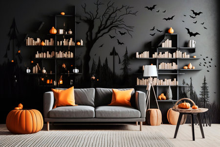 Living room decorated with pumpkins and bats. Halloween party at night. Generative aiの素材