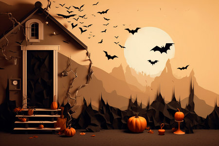 Living room decorated with pumpkins and bats. Halloween party at nightの素材