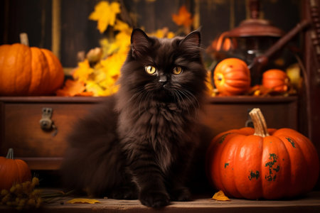 Black fluffy cat and orange pumpkinsの素材