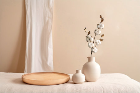 Beige ceramic vases with dry cotton branches. Stylish and minimalistic background for display your products in living room. Scandinavian interior. Modern home decor. Copy space.の写真素材