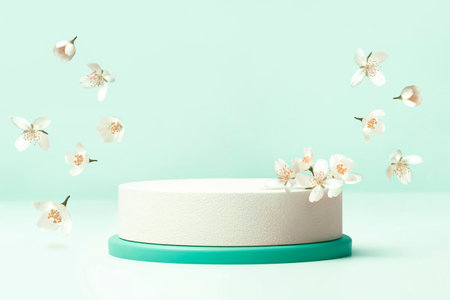 Round podium for cosmetic beauty product with jasmine flowersの写真素材