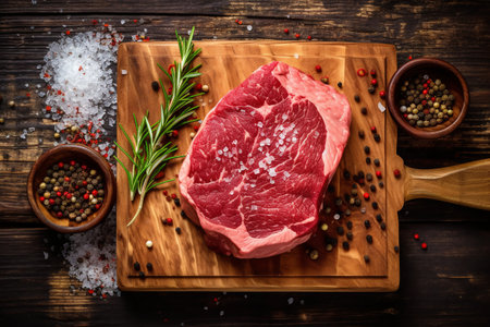 Raw beef on a wooden cutting board with rosemary, salt and peper. Generative aiの素材