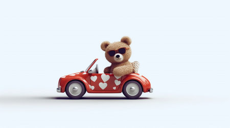 a cute Teddy bear driving a red car with hearts. Generative aiの素材