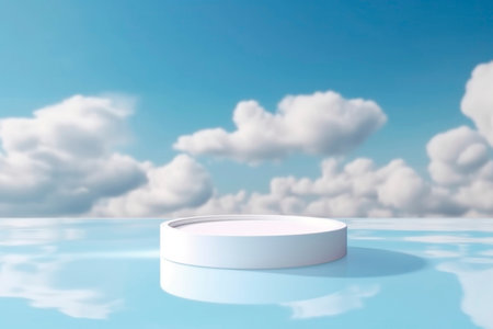 White podium display with for product presentation with white clouds and blue sky background.の素材
