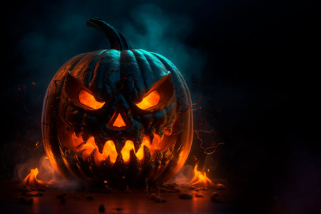 Glowing Halloween Pumpkin on dark background.の素材