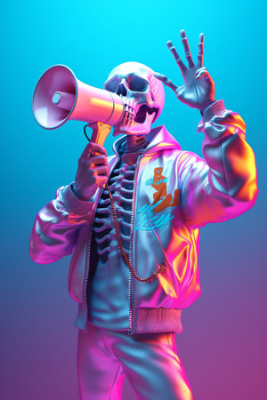 illustration of a colorful sceleton holding megaphone. Generative aiの素材