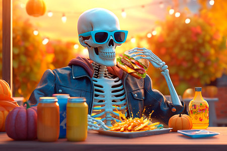 Relaxed Skeleton eating burger and french friesの素材