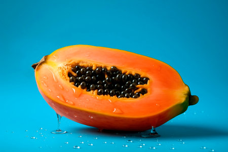 Papaya fruit on a blue background. Tropical fruit. Half papaya. Generative aiの素材