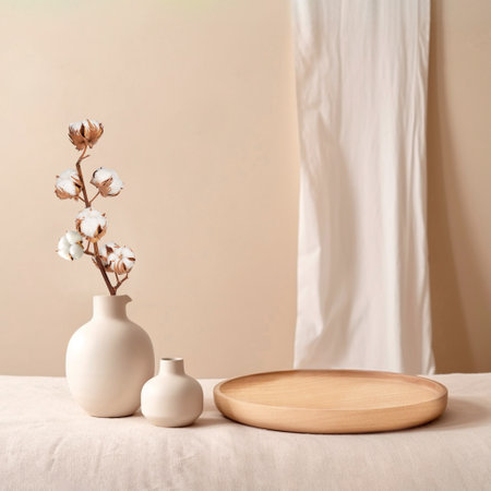 Beige ceramic vases with dry cotton branches. Stylish and minimalistic background for display your products in living room. Scandinavian interior. Modern home decor. Copy space.の写真素材