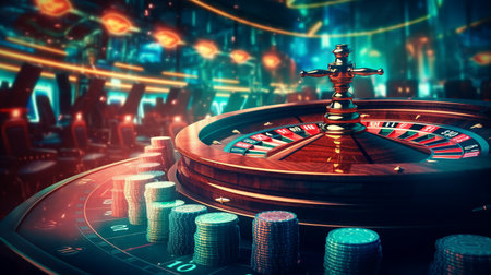casino online. background with playing cards, roulette and chips Internet gambling concept.の素材