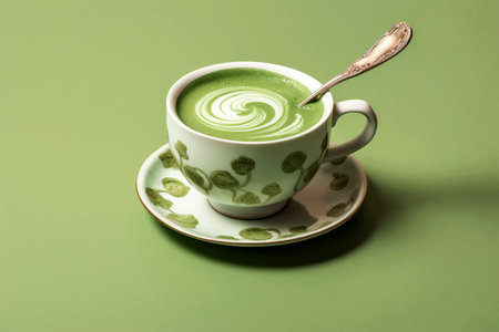 Japanese traditional matcha tea on green backgroundの素材