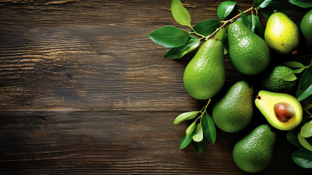 avocado on old wooden table, top view, copy spaceの素材