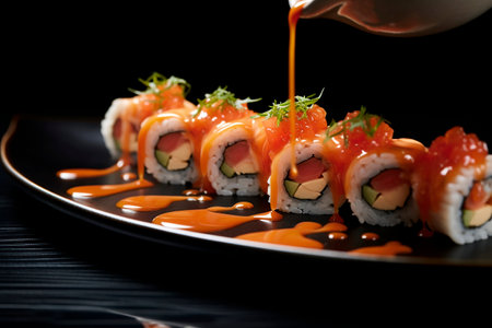 Fresh and delicious sushi with tamari sause.の素材