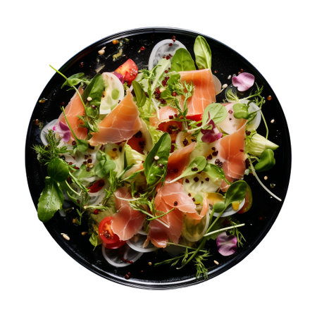 salad with prosciutto and fresh vegetables on plateの素材