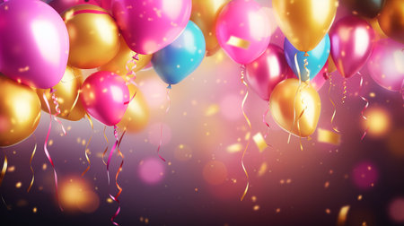 Party banner with festive balloons with ribbon. Celebrate birthday templateの素材