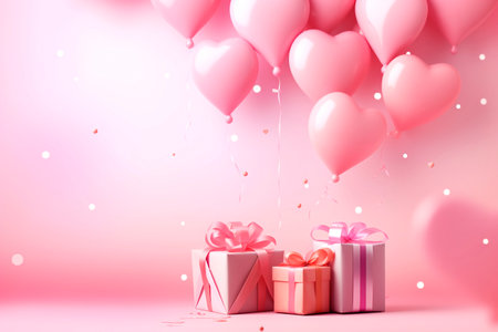 Happy Valentine Day congratulation banner with red and pink heart and giftsの素材