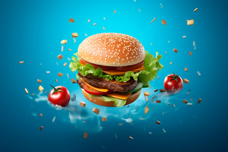 Flying delicious burger on blue backgroundの素材