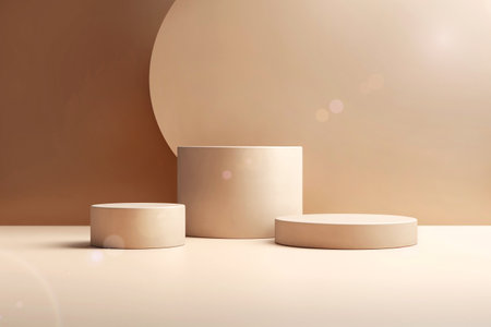 Three beige light podium for cosmetic product presentationの写真素材