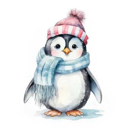 Watercolor Cute Penguin With Cotton Hat, and Scarfの写真素材