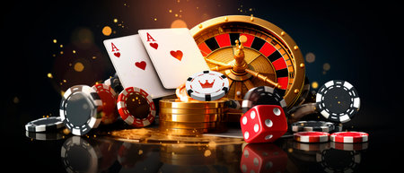 casino online. background with playing cards, roulette and chips Internet gambling concept.の素材