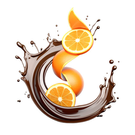 Splash of liquid chocolate and fresh oranges.の素材