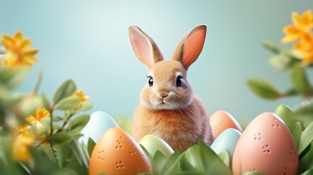 Rabbit and beautiful painted eggs set on grass. Happy Easter holidayの素材