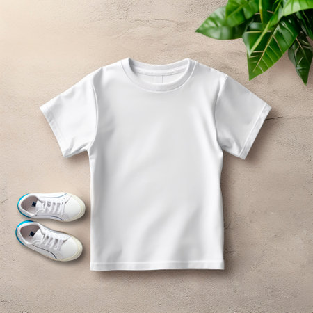 White kids T-Shirt Mockup. Flat Lay, Top Viewの素材