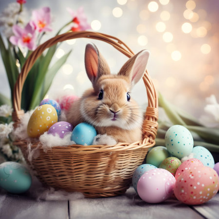 Rabbit and beautiful painted eggs in basket. Happy Easter holidayの素材