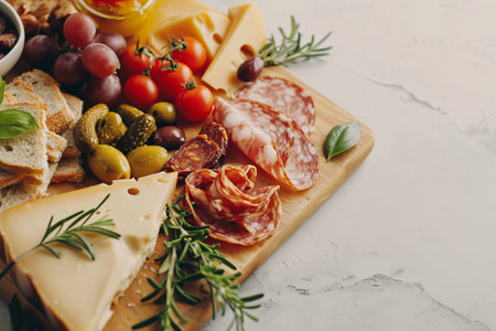 Different types of delicatessen cheeses with grape, olives and walnut on white backgroundの素材