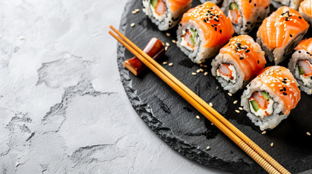 Fresh and delicious sushi on black stone plate.の素材