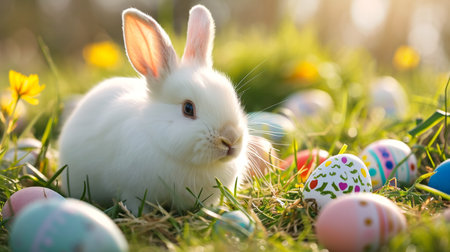 Rabbit sitting on the grass with beautiful painted eggs. Happy Easter holidayの素材