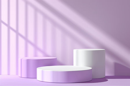 Three purple light podium for cosmetic product presentationの素材