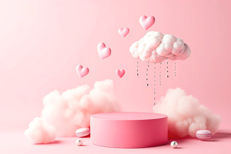 Pink podium with clouds and hearts on pink background.の素材