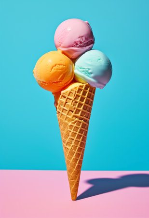 Colorful ice cream cone on blue background.の素材