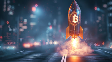 Bitcoin and cryptocurrency investing concept. Bitcoin rocket flies upの素材