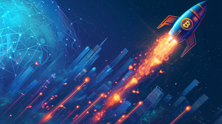 Bitcoin and cryptocurrency investing concept. Bitcoin rocket flies upの素材