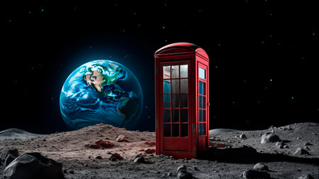 London phone booth on the surface of the moonの素材