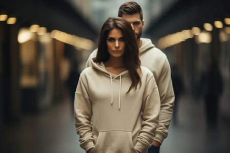 Man and woman wearing blank beige hoodieの素材