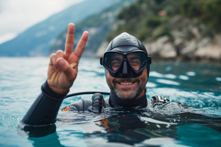 happy scuba diver smiling at the camera with their dive masksの素材