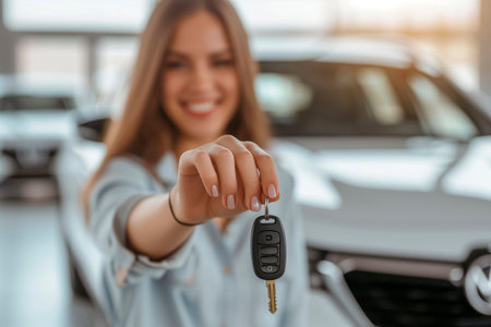 Young Happy Woman Showing The Key Of New Carの素材