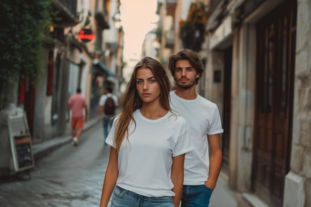 Man and woman wearing blank white t-shirtの素材