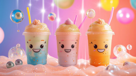 Set of cute bubble milk tea cartoon charactersの素材