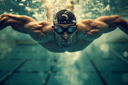 Muscular young swimmer in black cap in swimming poolの素材